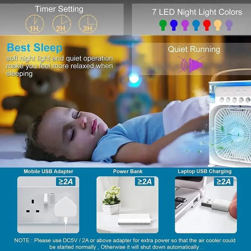 Humidificateur d'air, ventilateur USB, brumisateur d'eau, petit climatiseur, mini ventilateur, refroidisseur d'air silencieux refroidi à l'eau, 3 en 1