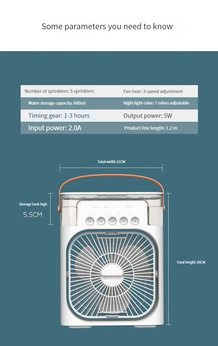 Humidificateur d'air, ventilateur USB, brumisateur d'eau, petit climatiseur, mini ventilateur, refroidisseur d'air silencieux refroidi à l'eau, 3 en 1