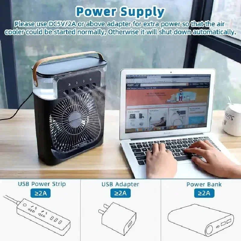 Humidificateur d'air, ventilateur USB, brumisateur d'eau, petit climatiseur, mini ventilateur, refroidisseur d'air silencieux refroidi à l'eau, 3 en 1