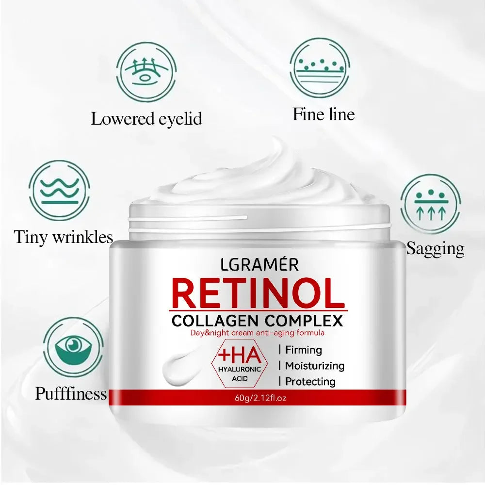Crème raffermissante au rétinol et collagène pour lisser les rides et hydrater la peau.
