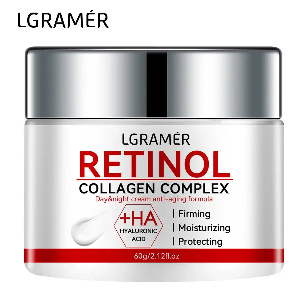 Crème raffermissante au rétinol et collagène pour lisser les rides et hydrater la peau.