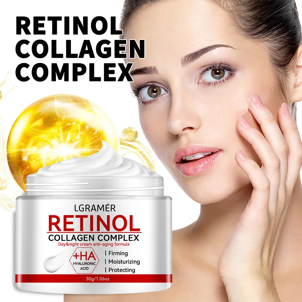 Crème raffermissante au rétinol et collagène pour lisser les rides et hydrater la peau.