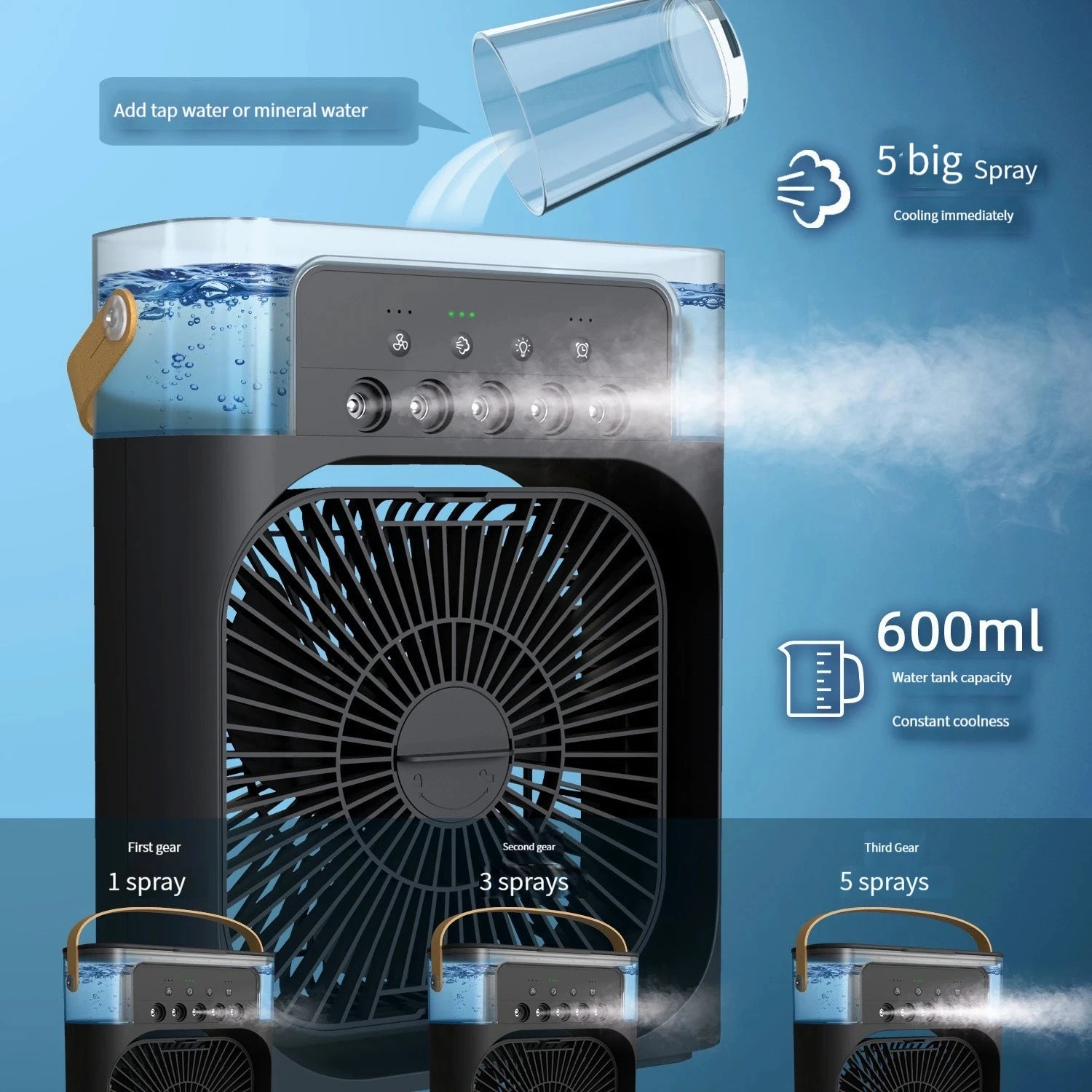 Humidificateur d'air, ventilateur USB, brumisateur d'eau, petit climatiseur, mini ventilateur, refroidisseur d'air silencieux refroidi à l'eau, 3 en 1