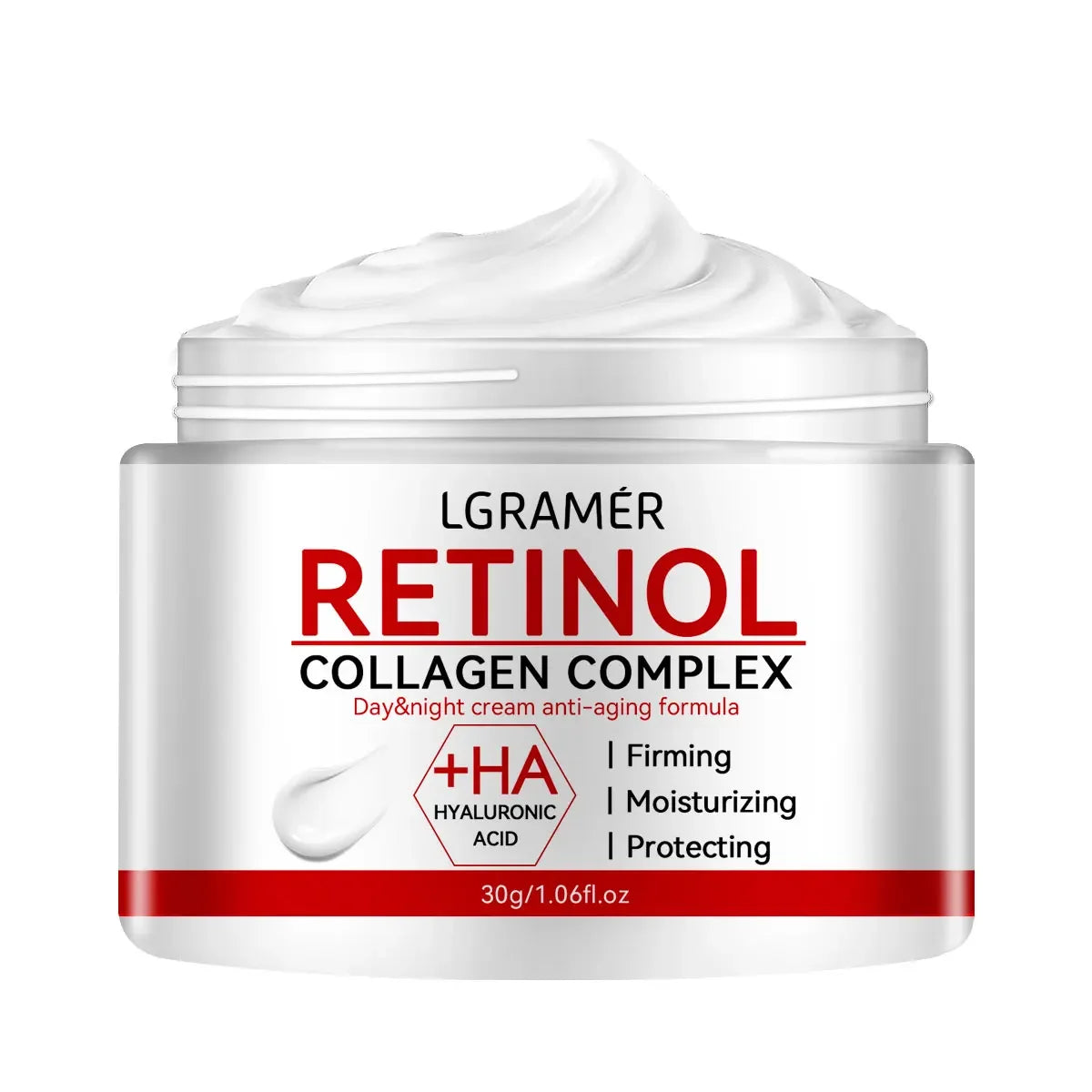 Crème raffermissante au rétinol et collagène pour lisser les rides et hydrater la peau.